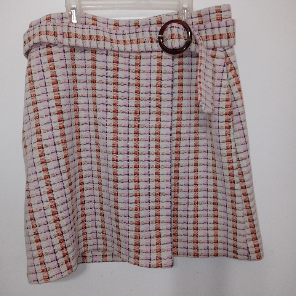 ANN TAYLOR WOVEN BEIGE PINK ORANGE PLAID SKIRT FLAP OVER FRONT WITH BELT NEW